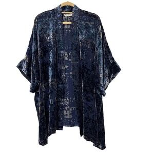 Ulla Popken Velvet Burnout Kimono Tunic Size 24/26 Blue Shawl Wrap Whimsigoth
